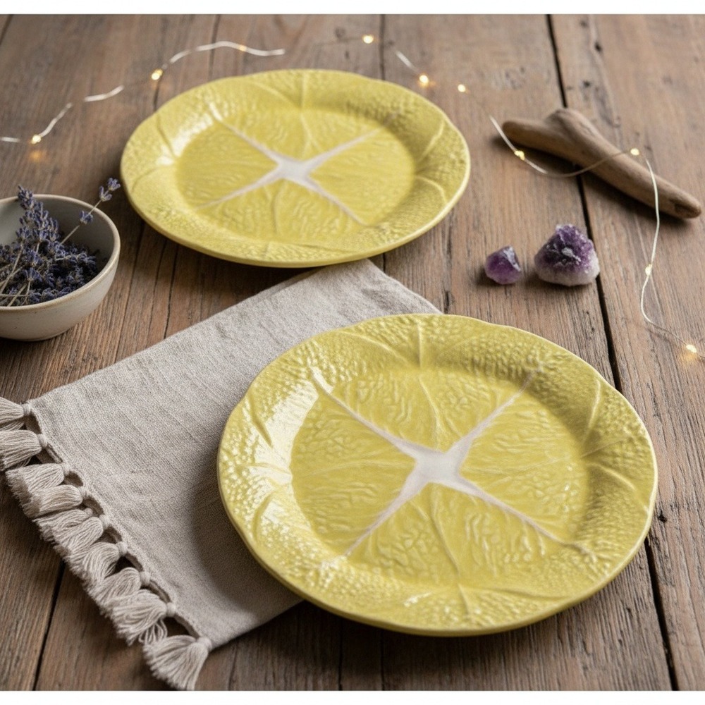 SECLA Yellow Cabbage Leaf Dinner Plates, Set of 2, Vintage Portugal Majolica,